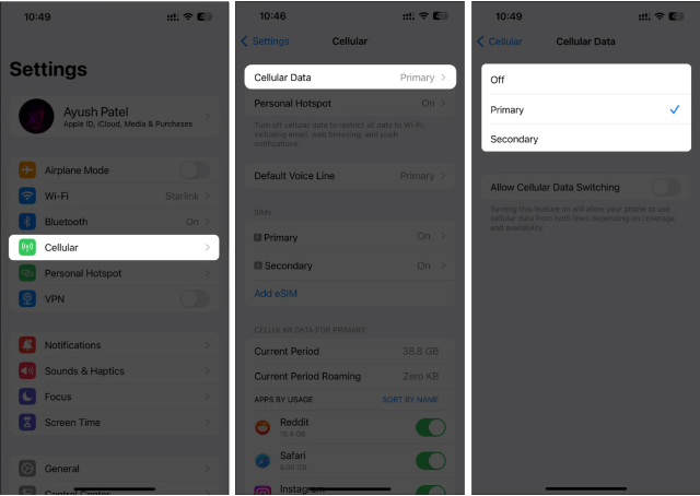 Select Preferred SIM for Cellular Data from Settings