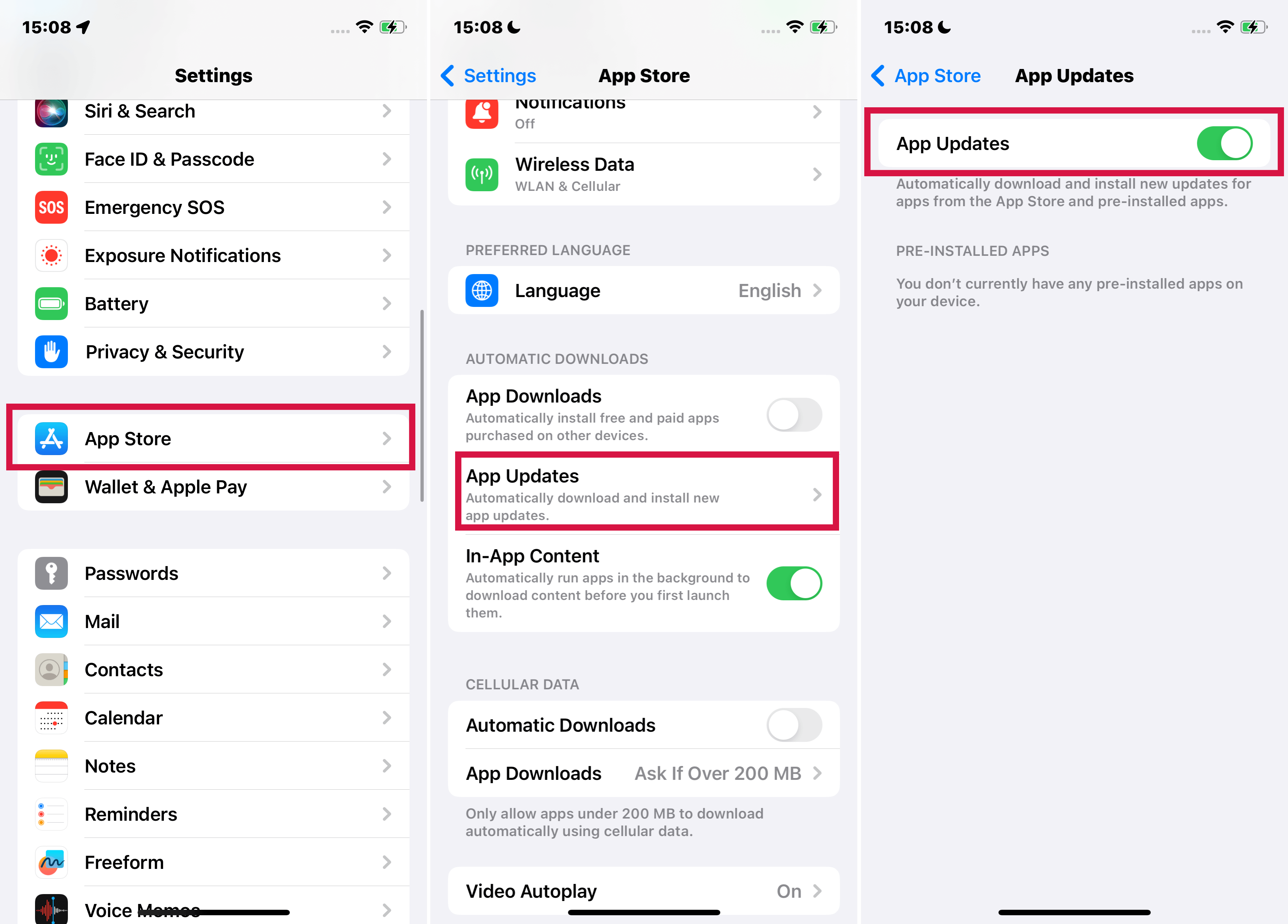 Step to turn on automatically updating apps on iphone settings