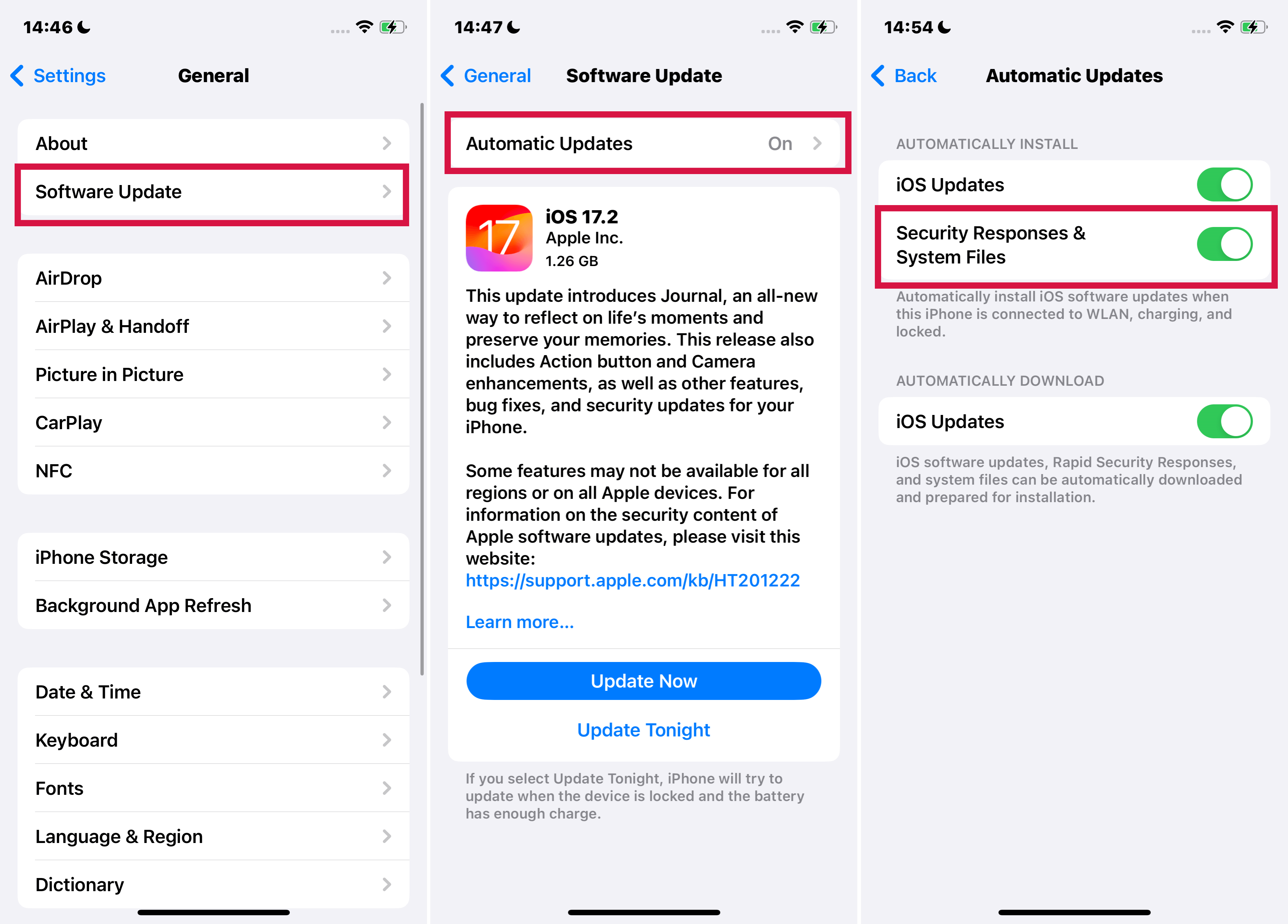 Step to turn on security responses and system files for-authomatic-updates on iphone