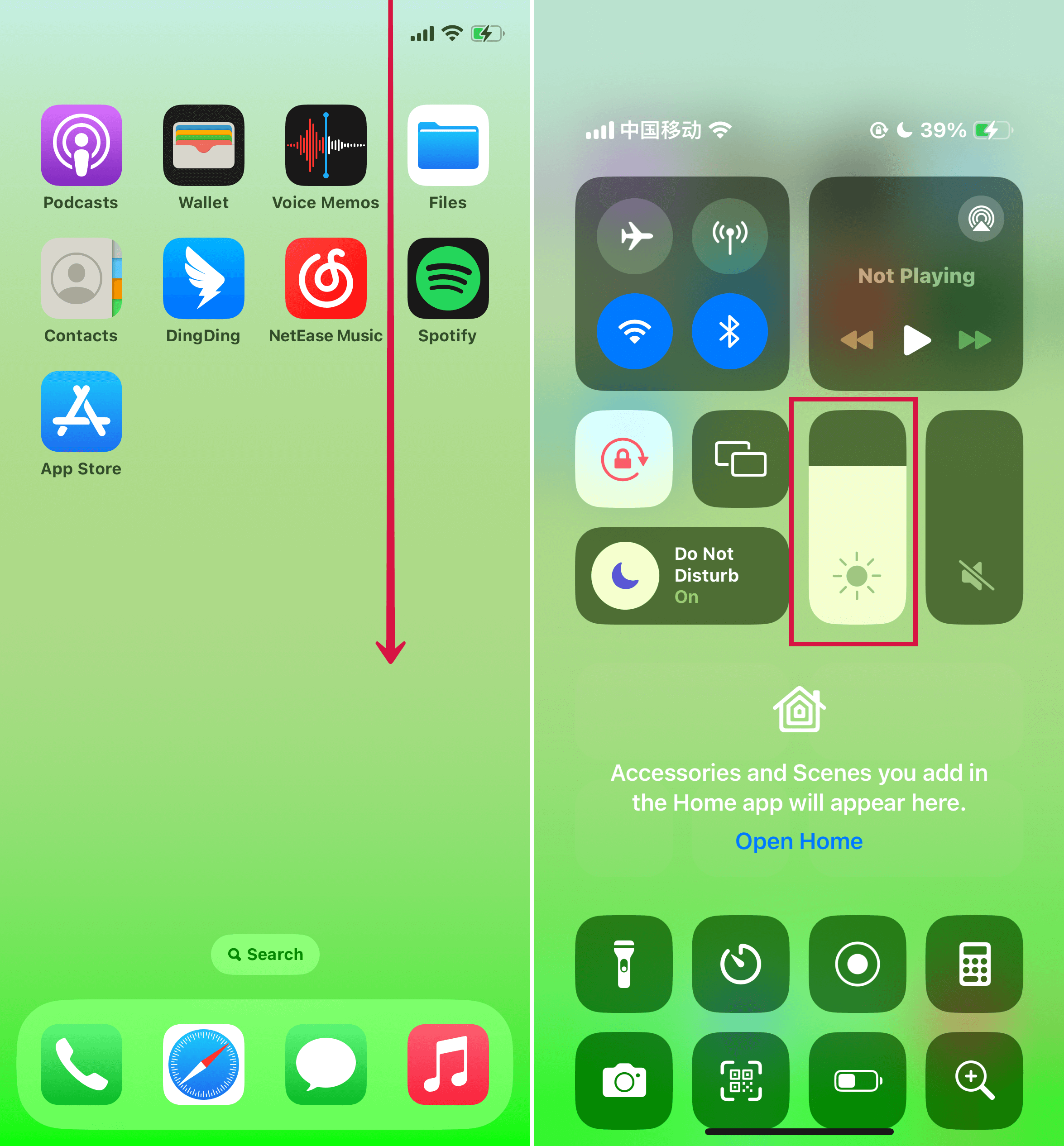 Steps to find Brightness icon on iphone control center