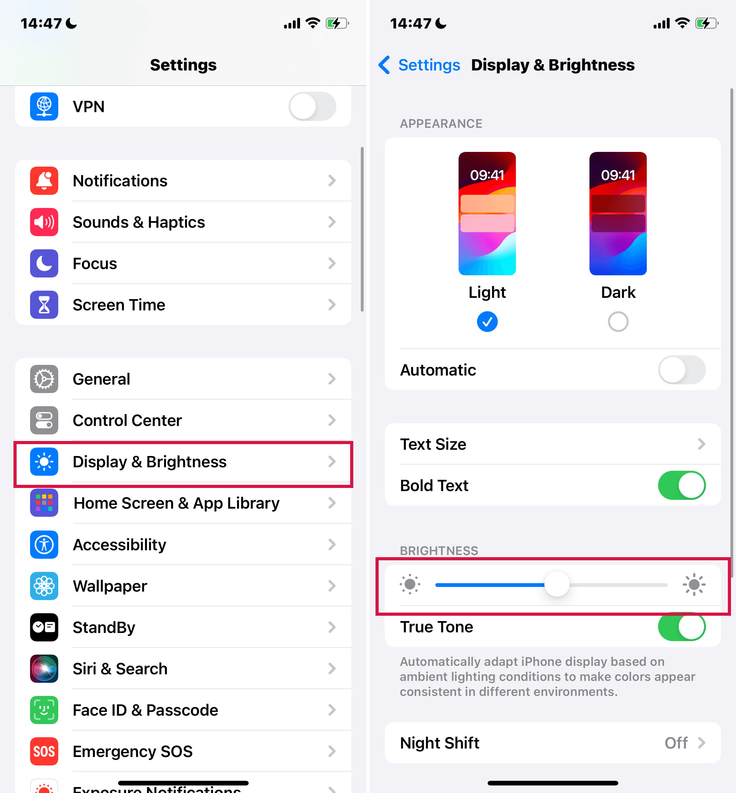 Steps to find Brightness via iphone settings