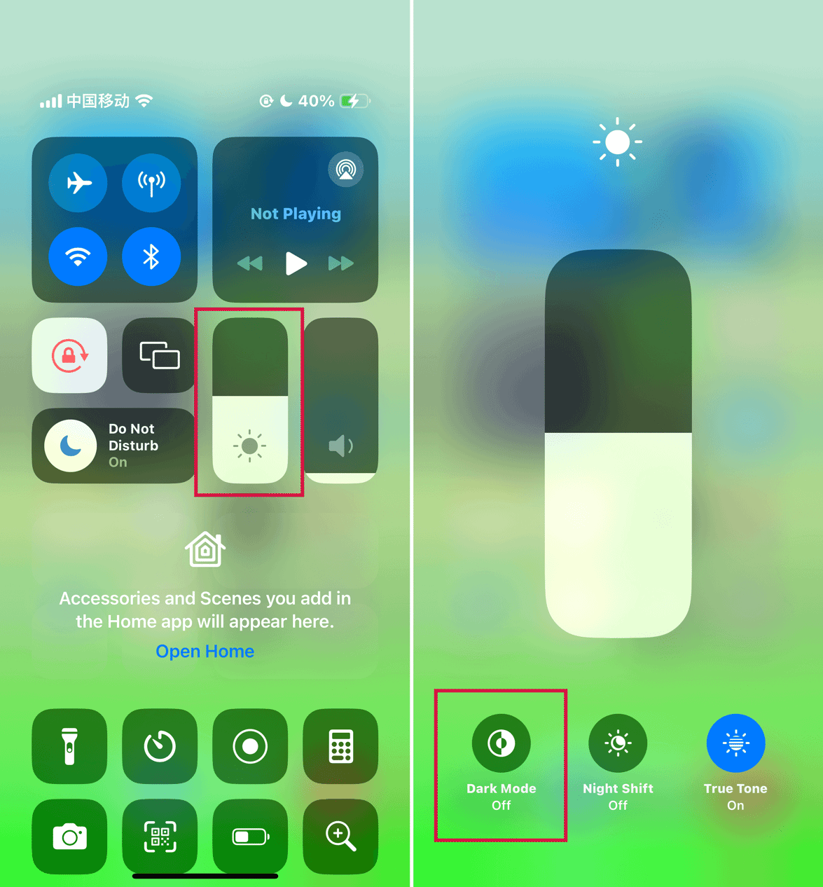 Steps to Turn Dark Mode On or Off via iphone control center