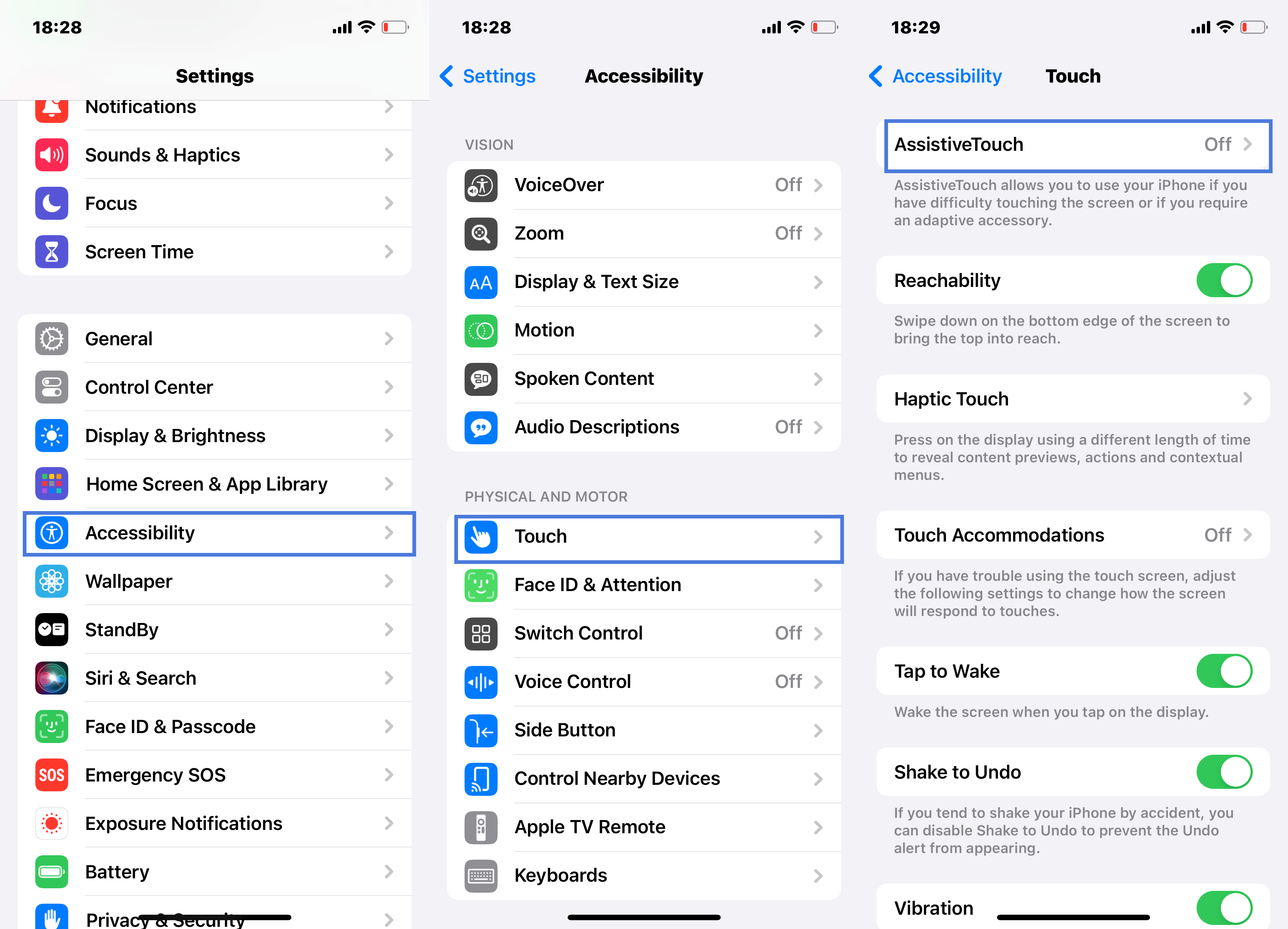 Three screenshots from iPhone Settings app explaining how to turn on Assistive Touch