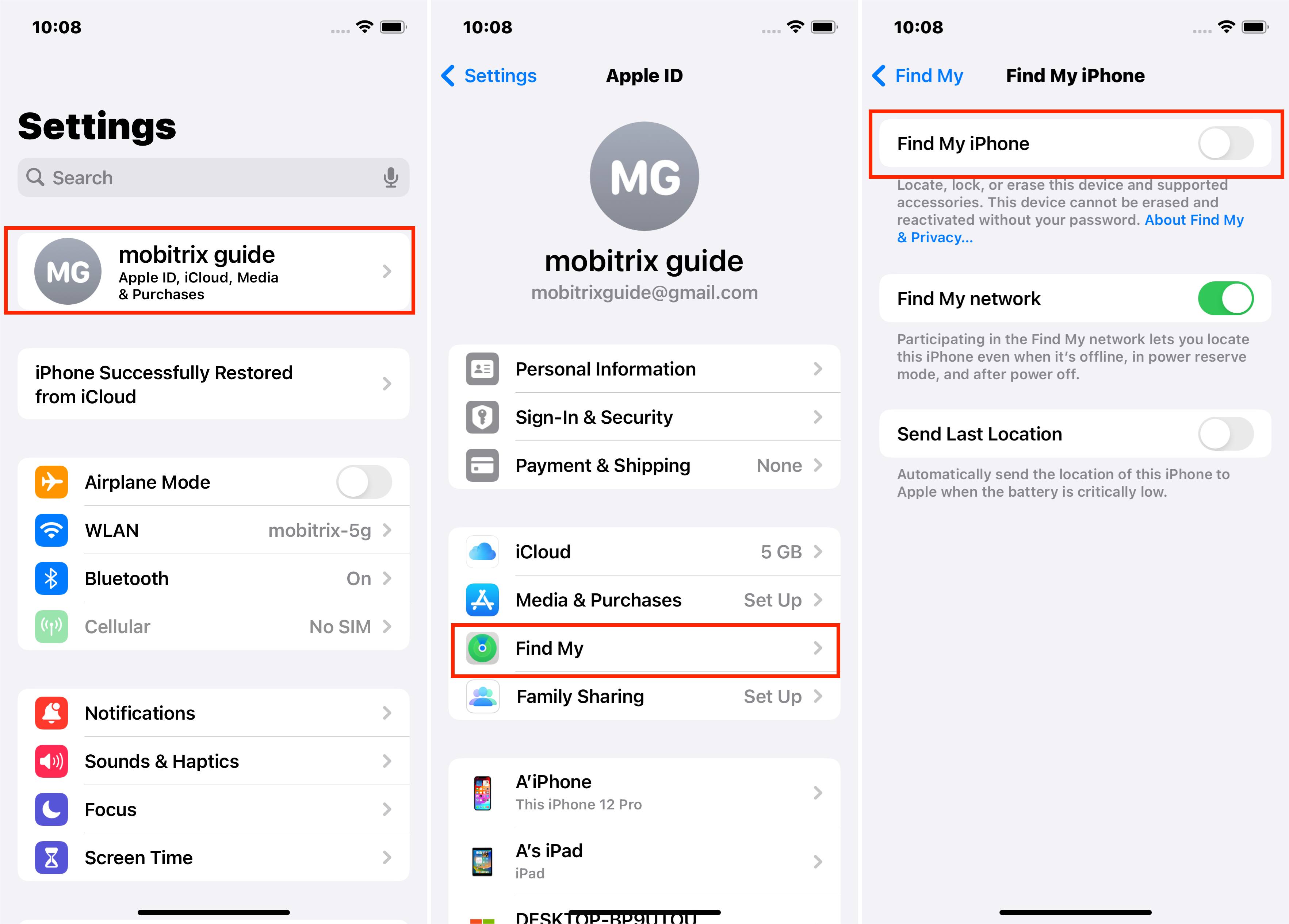 Disable Find My iPhone in Settings
