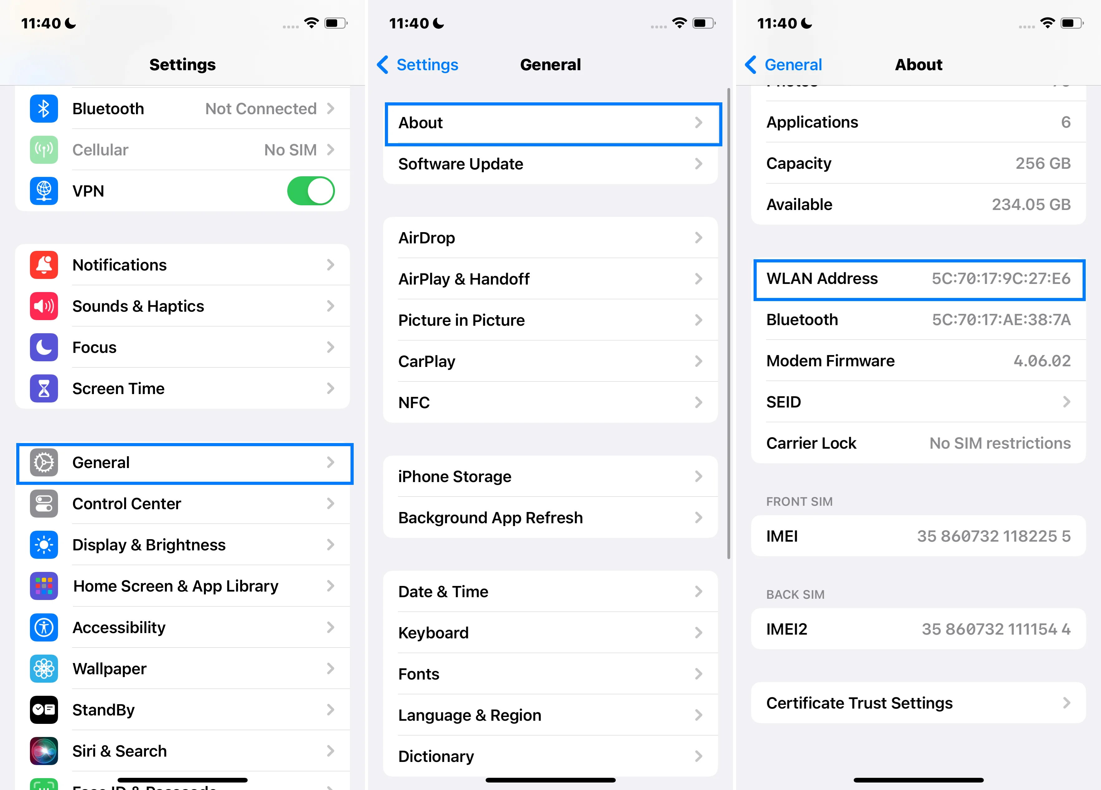 Wi-Fi Address Highlighted From About In Iphone Settings