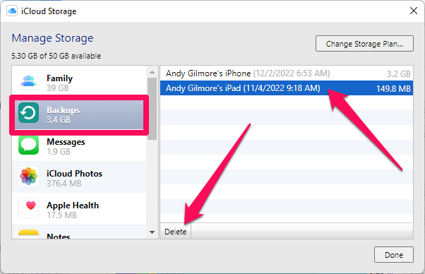 Windows Icloud App Backups Delete Button