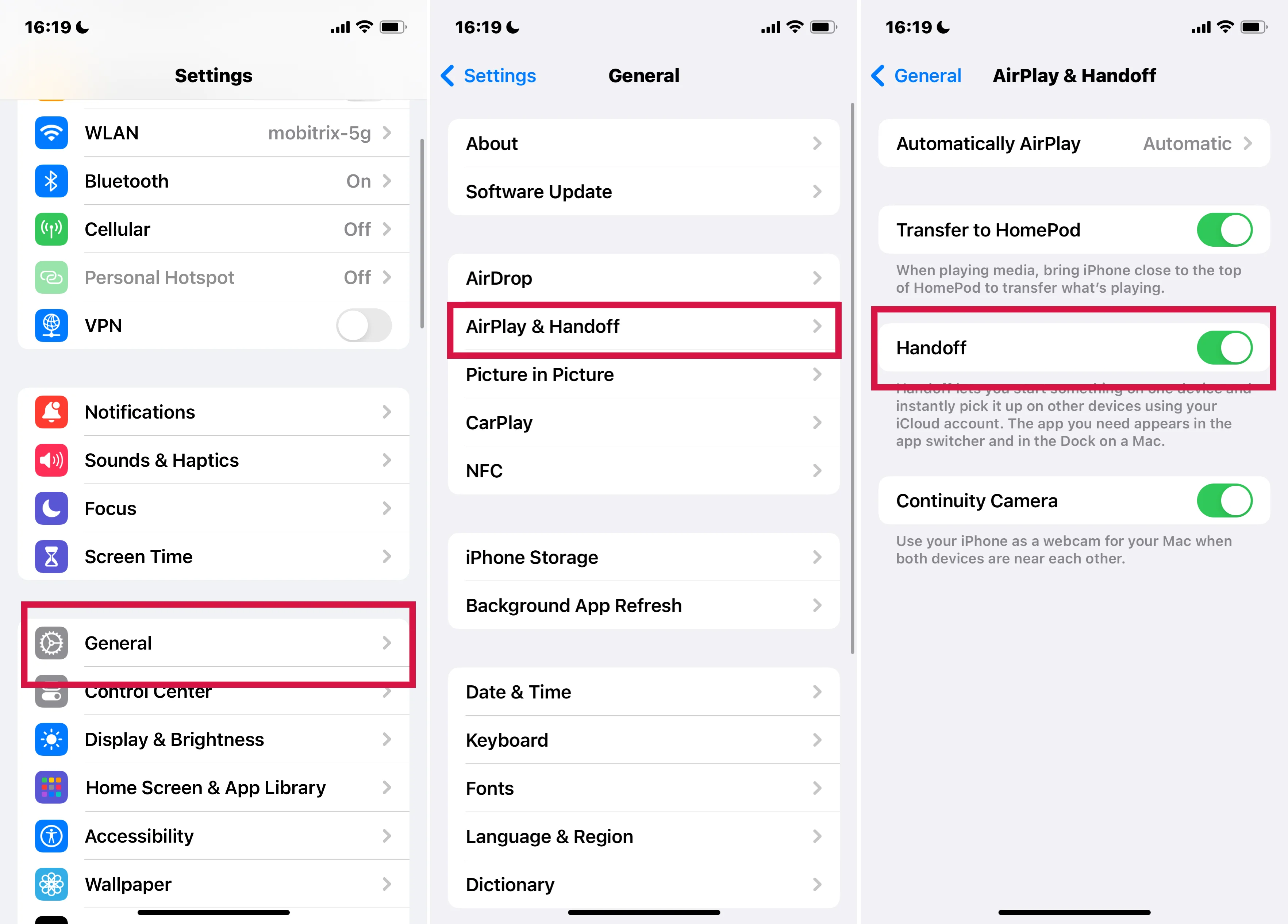 Enable Handoff on iPhone Settings