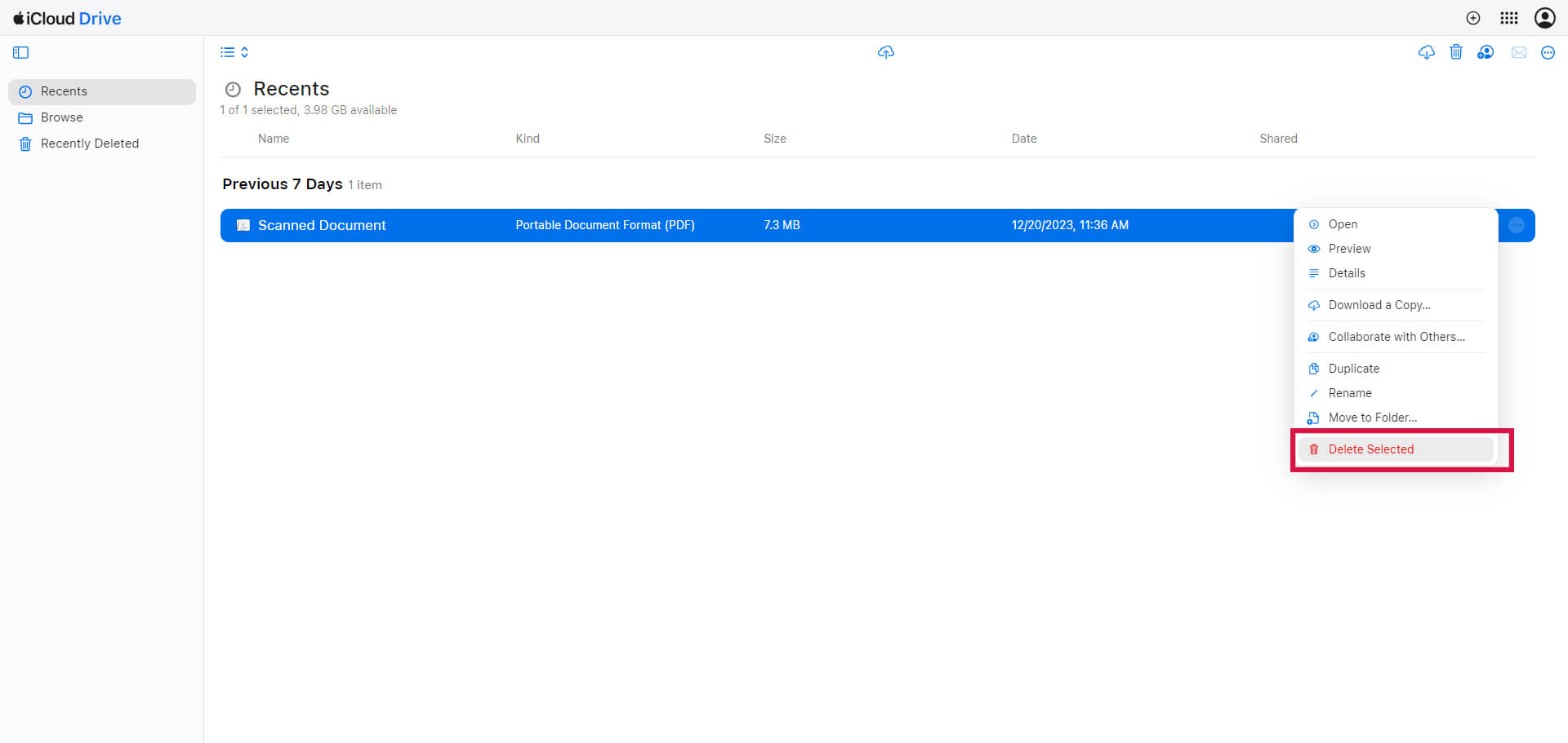 Icloud Drive Recents Delete Selected Scanned Document