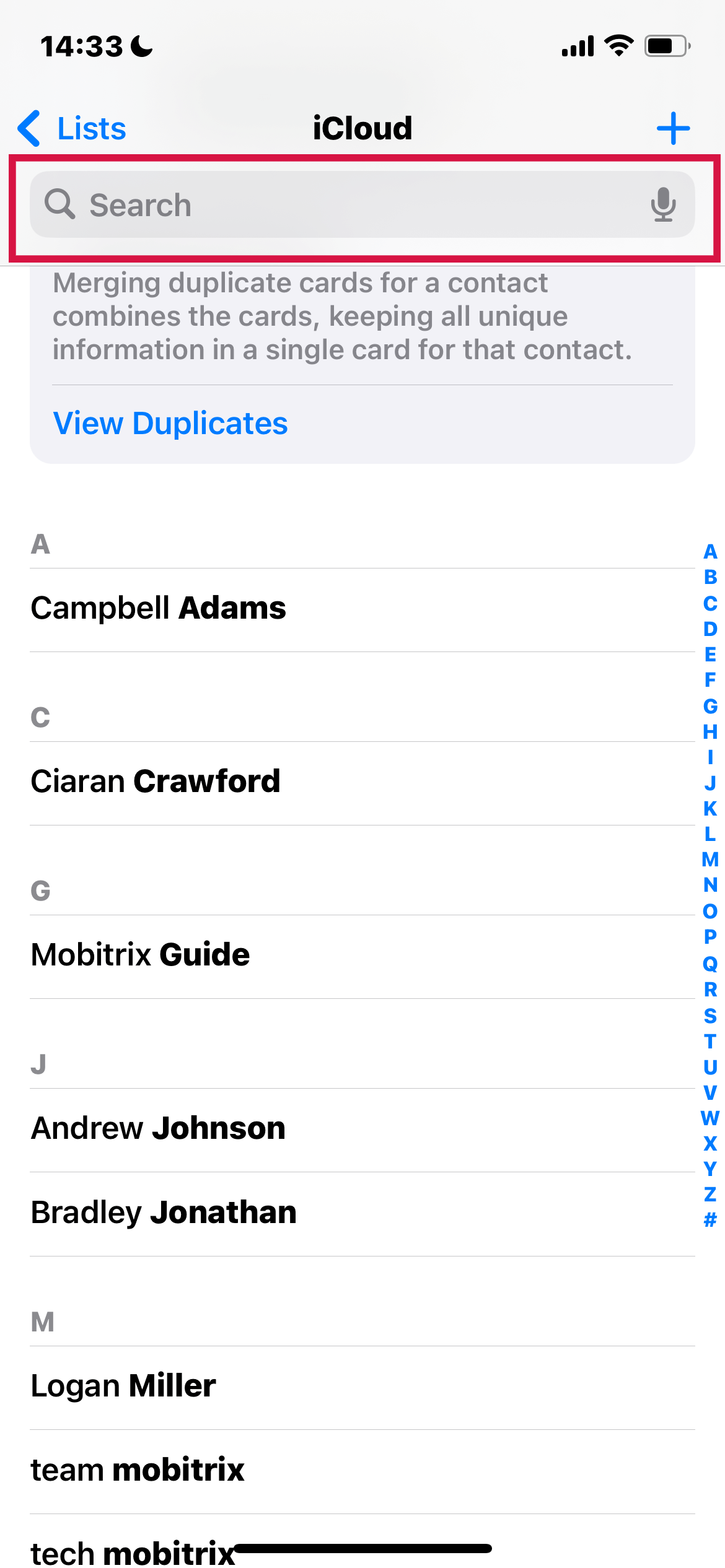 Iphone Contacts App Contacts Search Bar