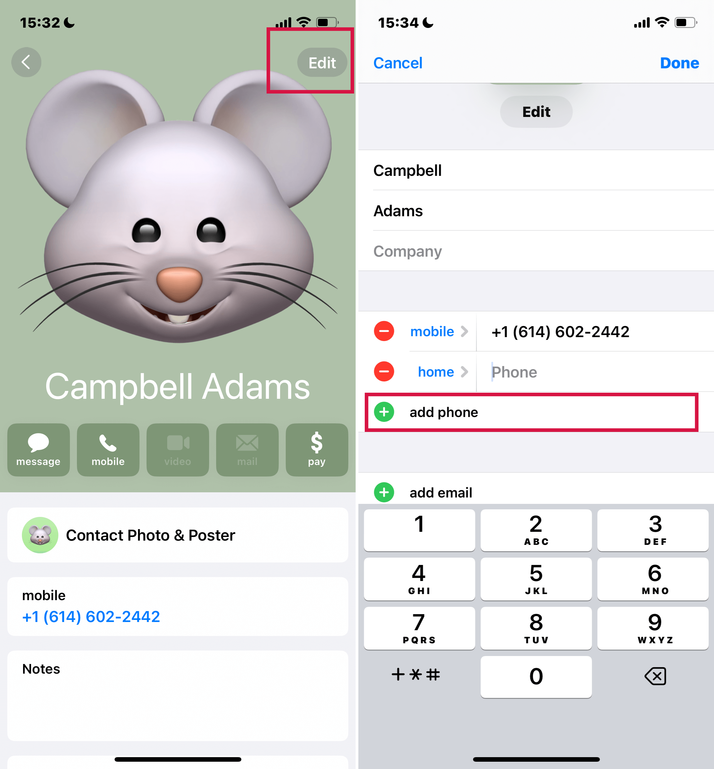 Iphone Contacts Edit Phone Number Add Phone