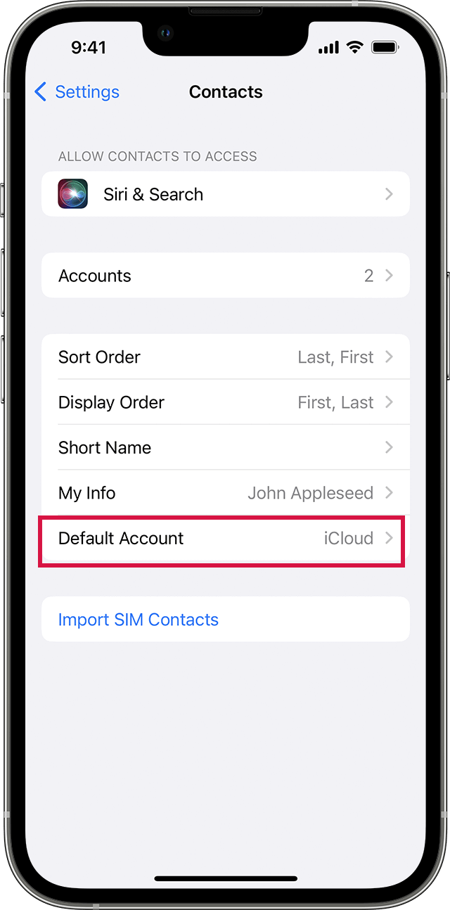 Iphone Setting Contacts Defalut Account