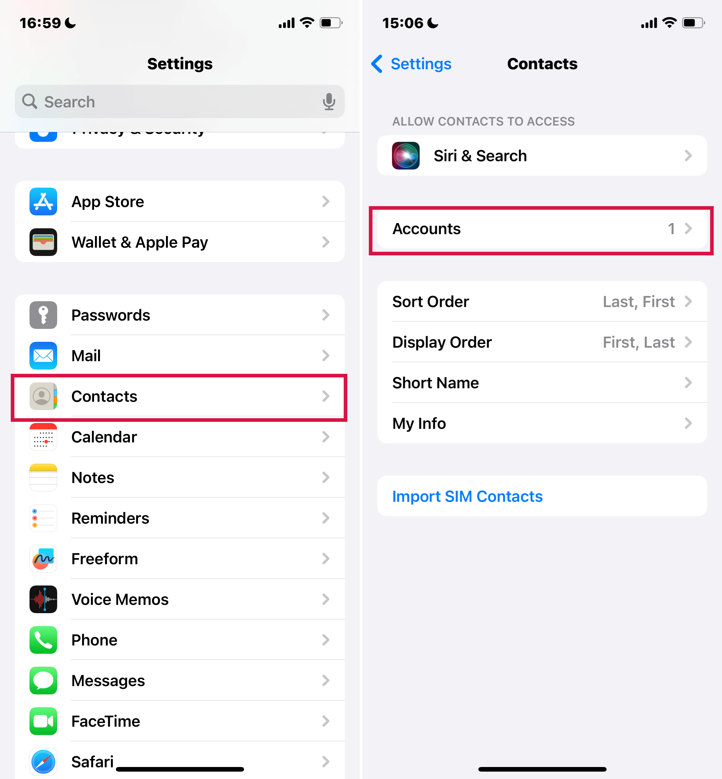 Iphone Settings Contacts Accounts