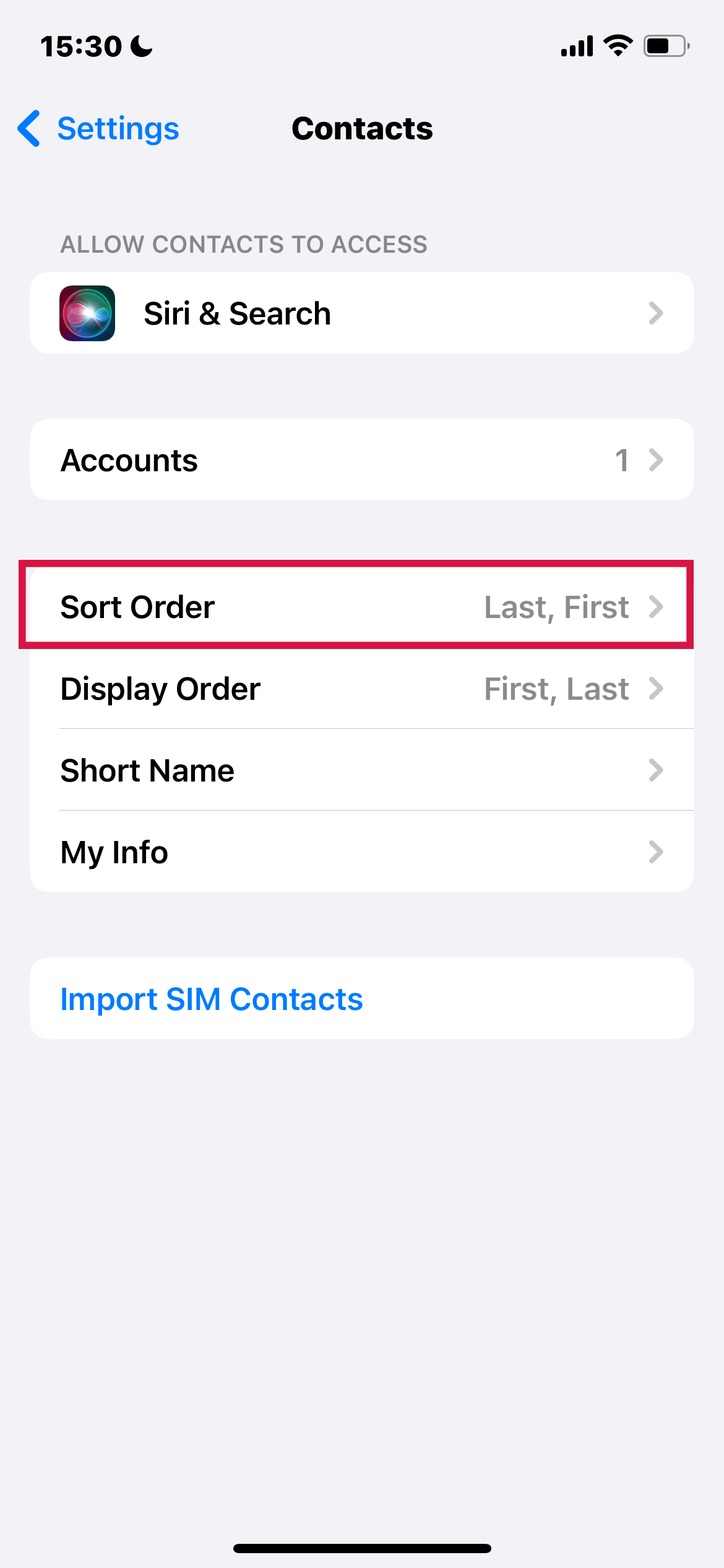 Iphone Settings Contacts Sort Order Last First